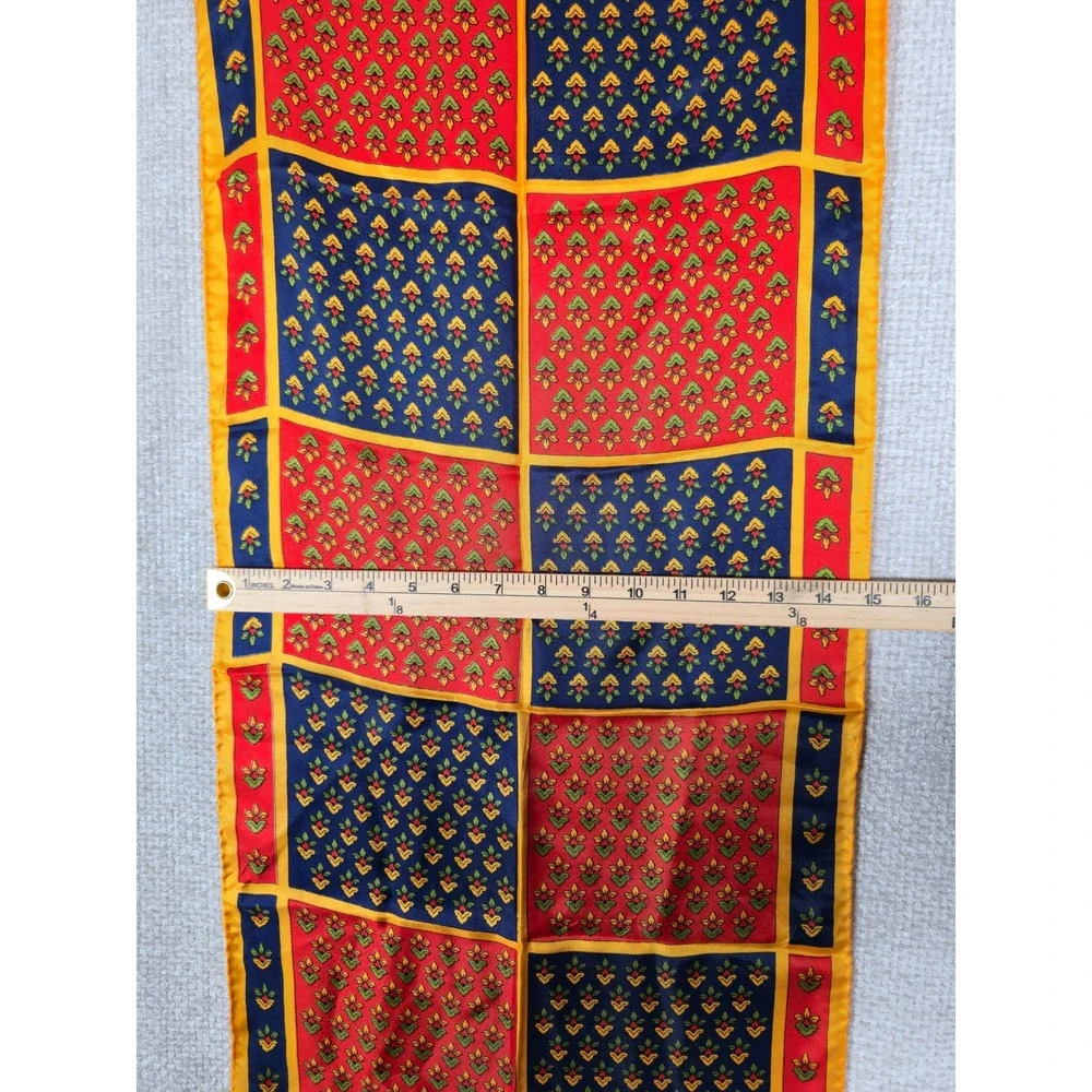Echo Vintage 100% Pure Silk Scarf Red Navy Blue Yellow Floral Grid Made in Japan